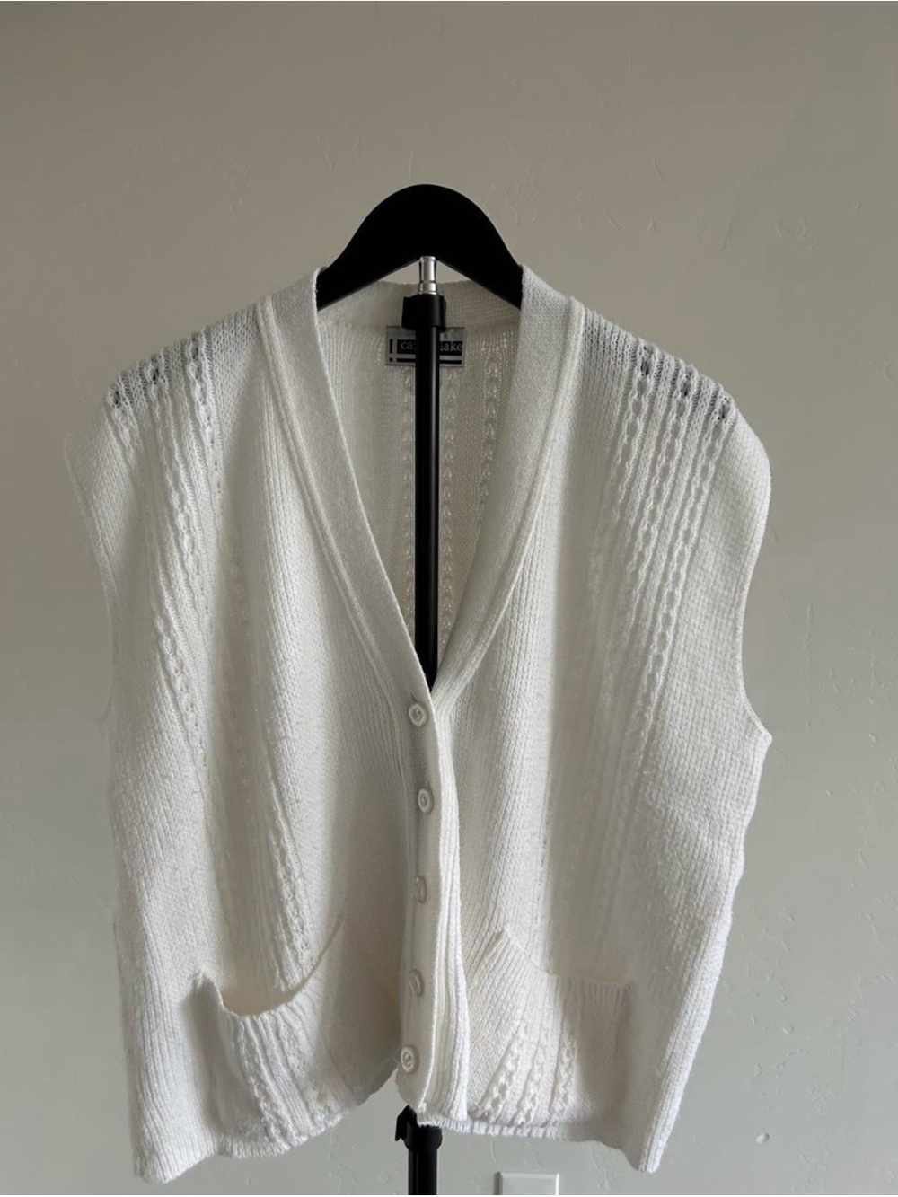 Vintage 90s Carly Blake White Cable Knit Button Sweater Vest XL Made in USA
